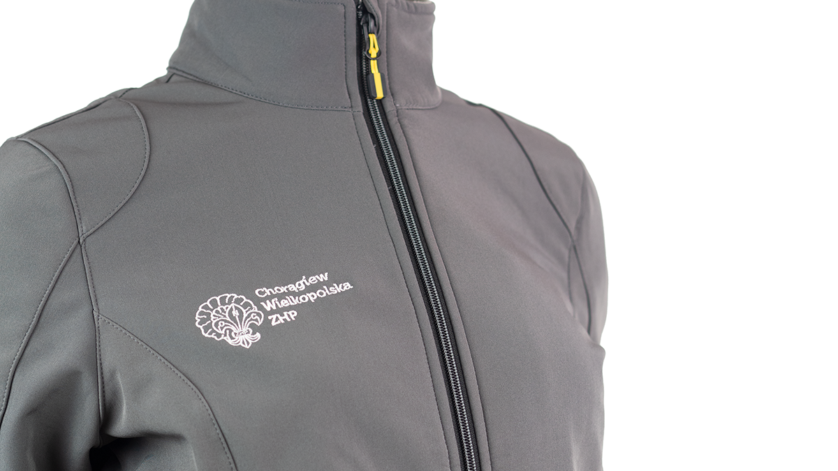 Damski softshell z identyfikatorem Chorągwi Wielkopolskiej ZHP – kolor: szary